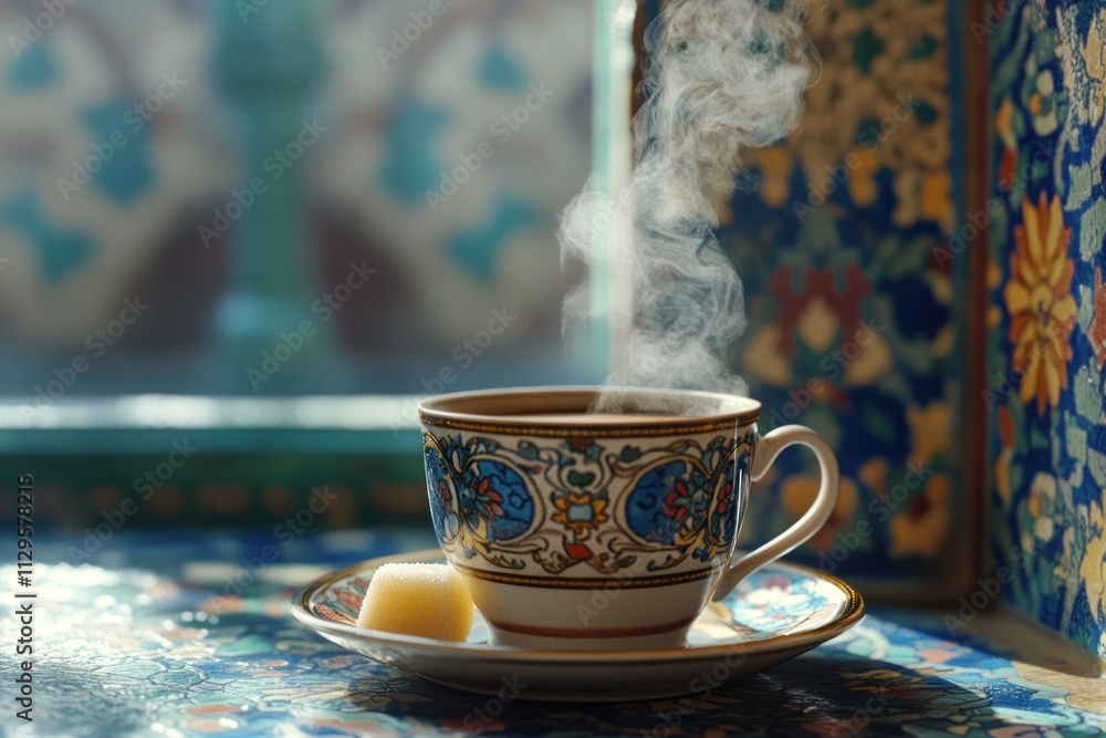 Poster steaming cup of tea with sugar cube on ornate saucer near window.