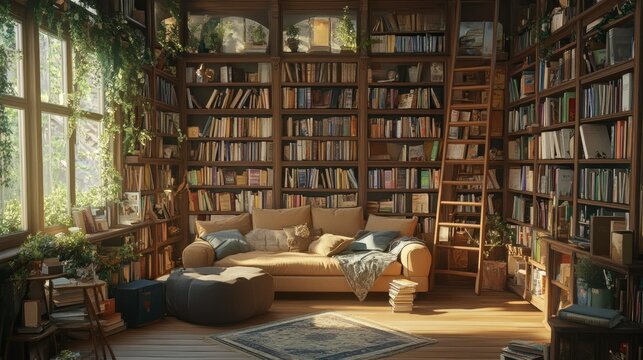 A charming bookstore interior with walls of bookshelves, a wooden ladder for high shelves, and a soft sofa inviting readers to stay