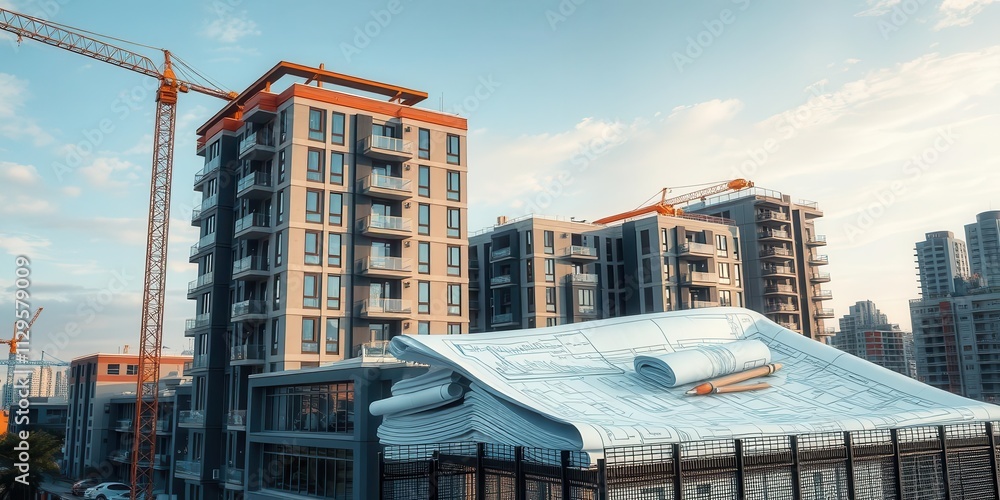 Poster modern apartment building with large windows and a sleek design, surrounded by blueprints and constr