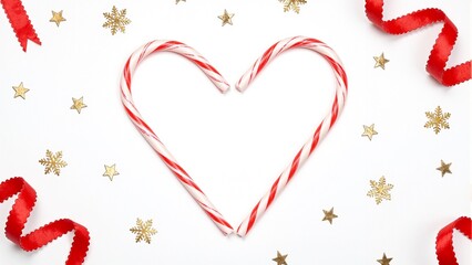 Festive heart shaped candy cane arrangement with ribbons snowflakes and stars on white