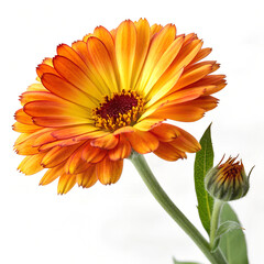 Bright orange calendula flower with and fresh green stems, accompanied by a bud.