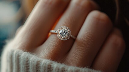 A detailed close-up of an elegant diamond engagement ring on a woman's finger, glowing against a soft, dark background, symbolizing love and commitment.
