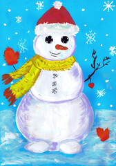 A jolly snowman in a yellow scarf. Children's drawing