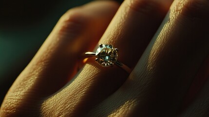 Fototapeta premium A detailed close-up of an elegant diamond engagement ring on a woman's finger, glowing against a soft, dark background, symbolizing love and commitment.