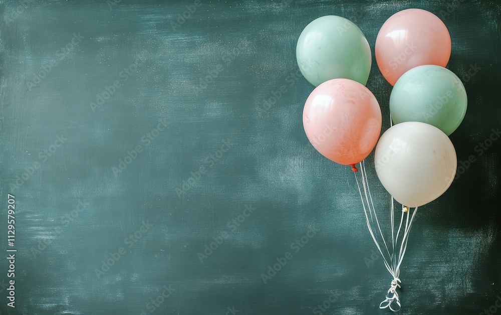 Poster pastel balloons on dark background with copy space.