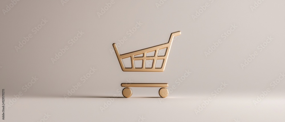 Poster 3d rendering of a shopping cart icon. the shopping cart is made of a golden-colored metal and has a 
