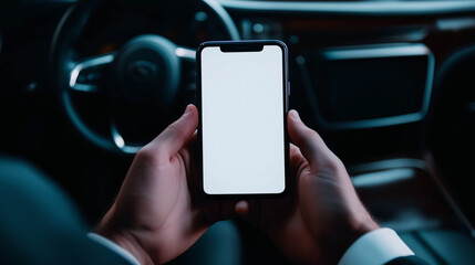 Hands holding a smartphone with a blank white screen mockup inside a car, the soft leather seats and intricate details of the car interior adding to the modern and premium vibe.