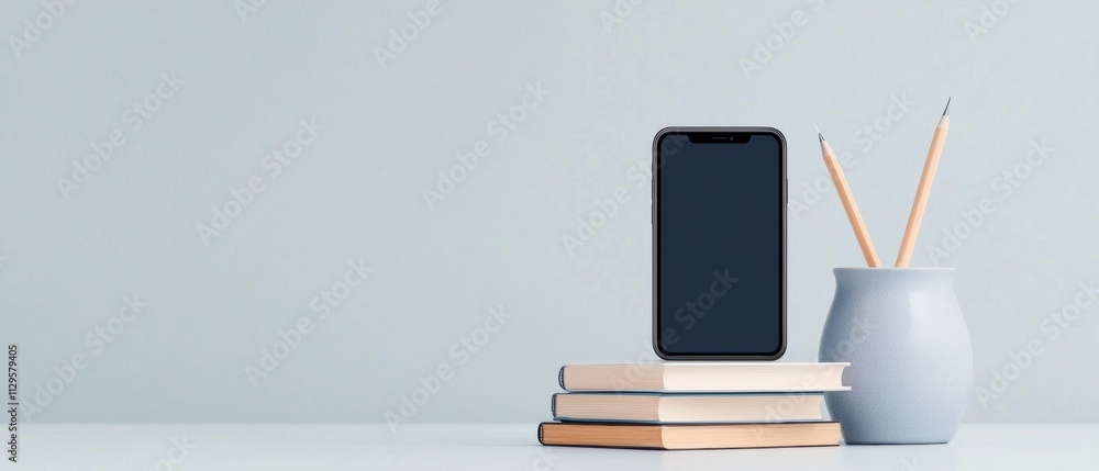 Poster stack of books and a smartphone on a light blue background. the books are of different sizes and col
