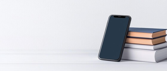 Black smartphone with a blank screen lying on top of a stack of books. the books are of different colors - blue, orange, and white - and are arranged in a neat stack.