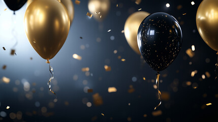 A luxurious scene featuring black and gold balloons floating gracefully against a dark backdrop, with shimmering golden confetti cascading through the air, ideal for a glamorous pa