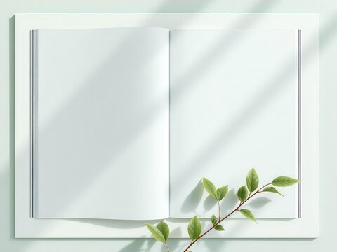 Open magazine mockup with plant shadows cast on a customizable background, blank, empty