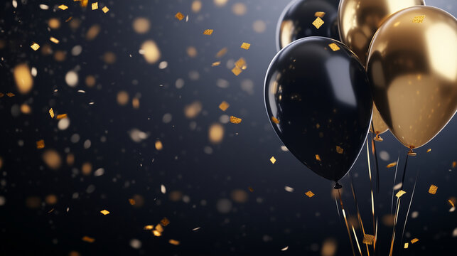 A luxurious scene featuring black and gold balloons floating gracefully against a dark backdrop, with shimmering golden confetti cascading through the air, ideal for a glamorous pa