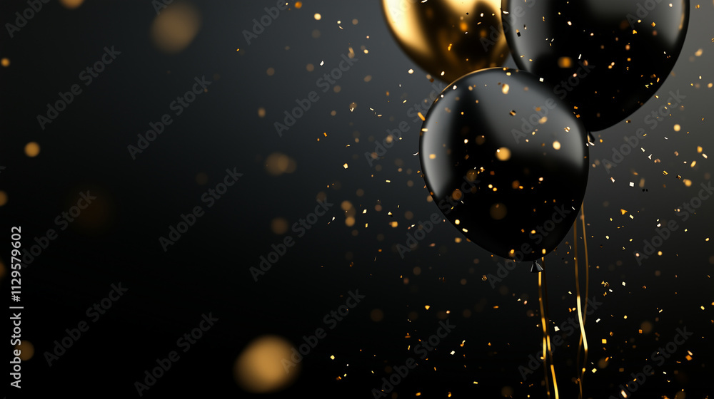 Poster floating black and gold balloons paired with sparkling ribbons and confetti raining down, set agains