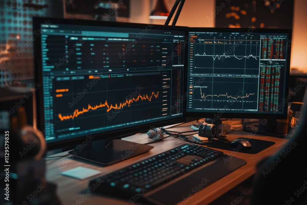 Poster Two computer monitors displaying stock market data graphs and charts on a desk with keyboard and mouse.