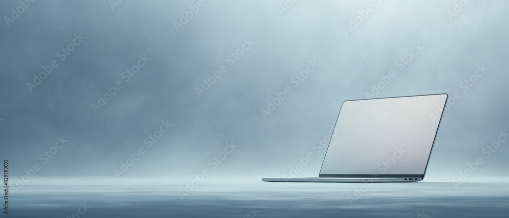 Poster laptop computer lying on the floor in front of a foggy background. the laptop is silver in color and