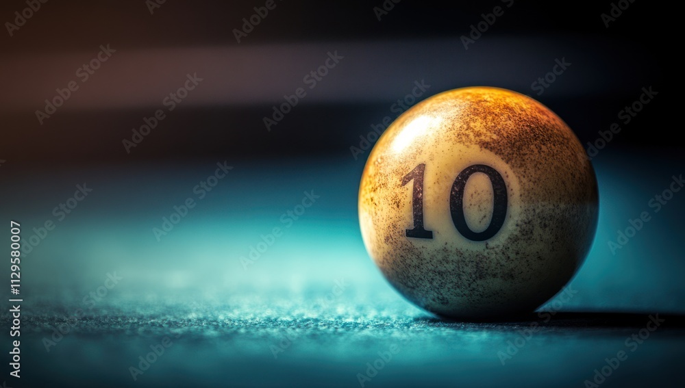 Poster close-up of a worn billiard ball number ten on a pool table.