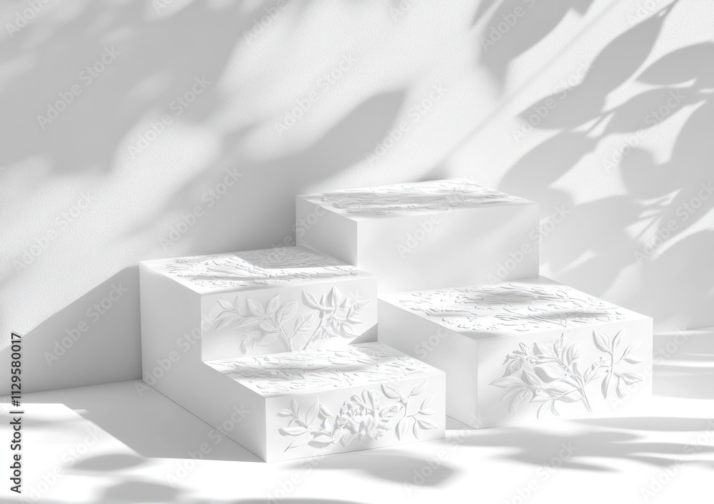 Poster three white tiered display platforms with leaf embossing, bathed in sunlight and leaf shadows.
