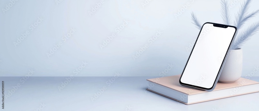 Aufkleber smartphone with a blank white screen resting on top of a stack of books. the phone is positioned on 