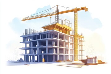 Modern construction site with crane and partially built structure during daytime in urban area