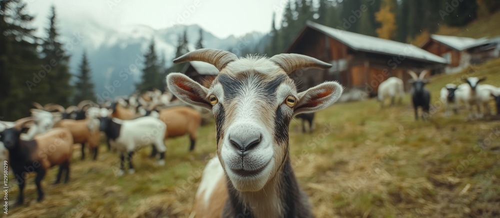 Poster smiling goat in a mountain pasture with herd and rustic houses in the background.