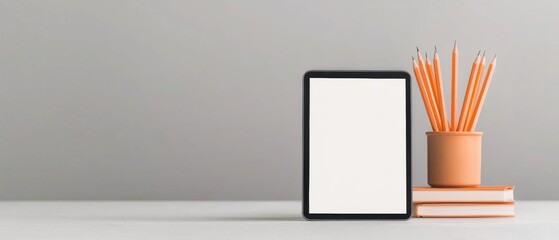 Black tablet with a blank white screen lying on a white surface. next to the tablet, there is a stack of orange pencils in a small orange pot. the background is a plain grey color.