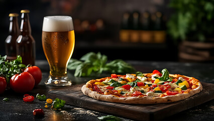 Pizza on an old wooden cutting board with beer