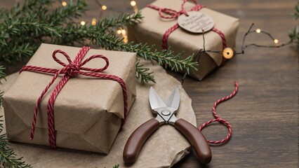 Cozy rustic gift wrapping with kraft paper red twine greenery scissors and twinkling lights