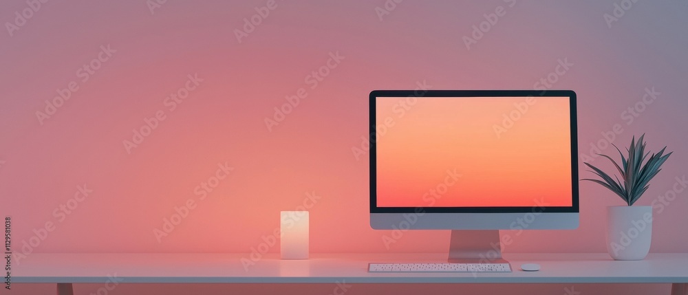 Poster desktop computer monitor on a white desk with a pink and orange gradient background. the monitor is 