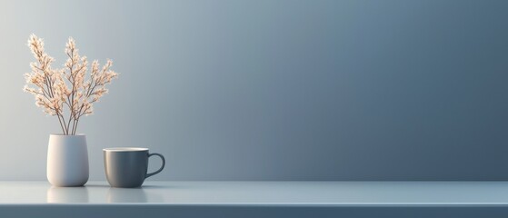 White vase with dried flowers in it on a light blue background. the vase is on the left side of the image and the mug is in the center.
