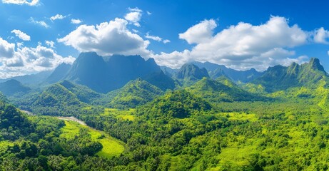 Fototapeta premium Lush Green Mountains Overlooking Tranquil River in Aerial View