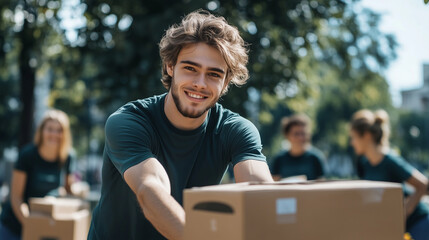A dynamic shot shows the young man placing his donation box on a collection table in the park, with other boxes and cheerful volunteers in the background.
