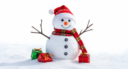 Obraz premium Snowman with red gifts and holiday scarf in snow