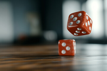 Two red dice rolling on a wooden table during gameplay