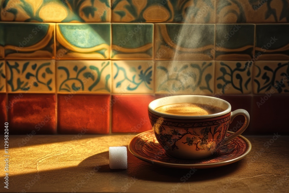 Poster Steaming cup of coffee on patterned tiles with sugar cube.