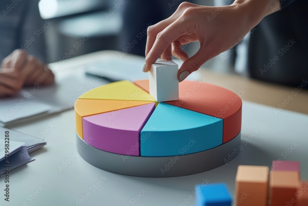 Aufkleber close-up of a hand placing a block onto a colorful pie chart during a business meeting.