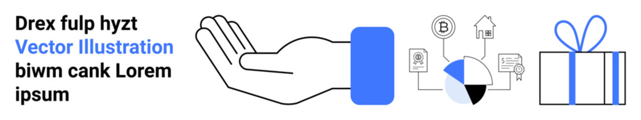Text in black, open hand graphic, financial network with pie chart, and wrapped gift. Ideal for finance, charity, support, economics data analysis online shopping and rewards concepts. Landing