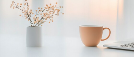Obraz premium White desk with a laptop and a vase of small white flowers on it. the vase is on the left side of the desk and the laptop is next to it. on the right side, there is a peach-colored mug with a handle.