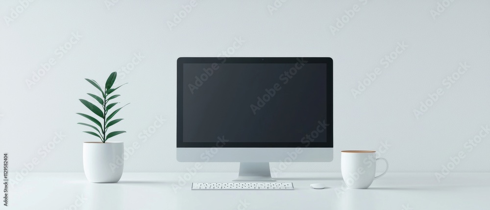 Poster desktop computer monitor with a blank black screen on a white desk. the monitor is placed in the cen