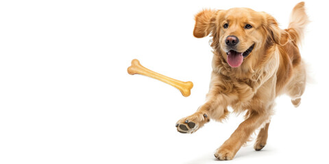 Dog catches a treat in the form of a bone on a white background. Golden retriever dog runs for a cookie.