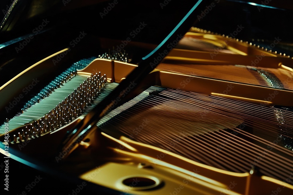 Poster close-up of grand piano's interior, showcasing strings and hammers.