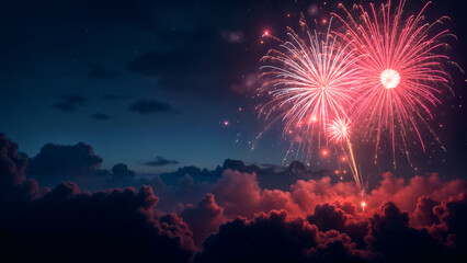 Vivid Fireworks over Dramatic Pink Clouds at Night during New Year or July 4th Celebrations