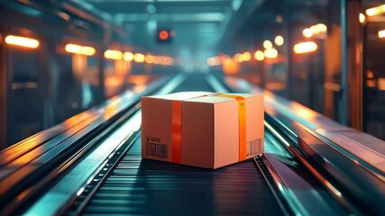 Parcel in cardboard box runs on automated conveyor belt in modern postal centre, concept of warehouse, package, logistics, industry.  - Powered by Adobe