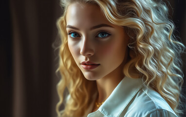 Fototapeta premium A captivating portrait of a blonde woman with piercing blue eyes, radiating confidence and natural elegance in soft lighting.