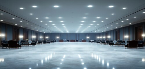 A large event hall with soft white light streaming from recessed fixtures, casting a warm glow over the luxurious dark wood furniture, velvet armchairs, and spacious marble floors