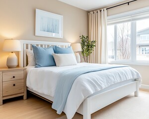 Bedroom with pastel blue bedding cream curtains and wooden nightstand
