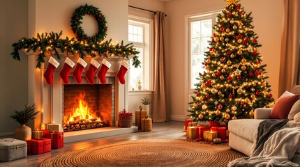 Fototapeta premium Cozy living room with fireplace and decorated Christmas tree