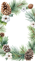 Fototapeta premium Merry Christmas watercolour decor greetings Happy New Year wishes and Xmas elegant Christmas card, with fir branches, pine cone, cotton, leaves, Botanical winter greenery holiday illustration white.