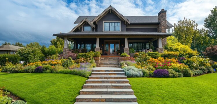 A luxurious Craftsman home with a spacious front porch, wide stone steps, and a large lawn with a garden of vibrant flowers and shrubs