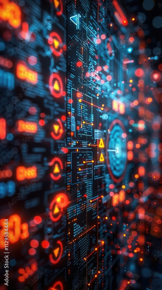 Poster abstract digital interface with glowing icons and data streams.