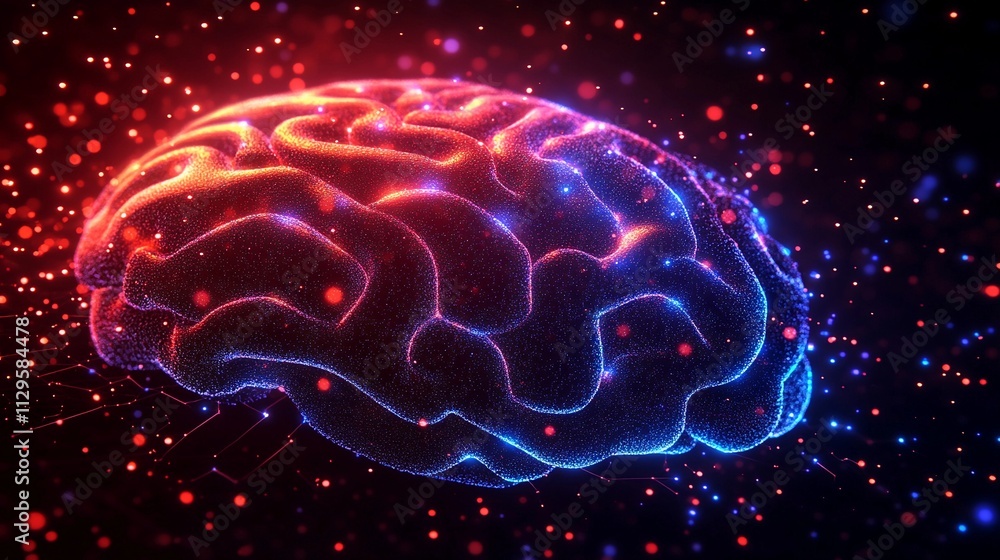 Poster visual representation of a colorful brain surrounded by abstract patterns and light effects
